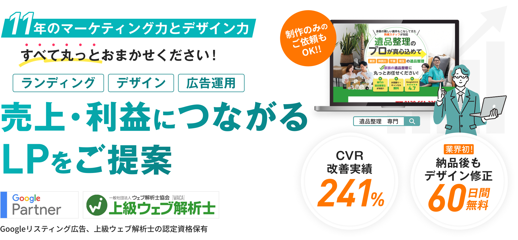売り上げ・利益に繋がるLPをご提案。デザイン、広告運用までお任せください