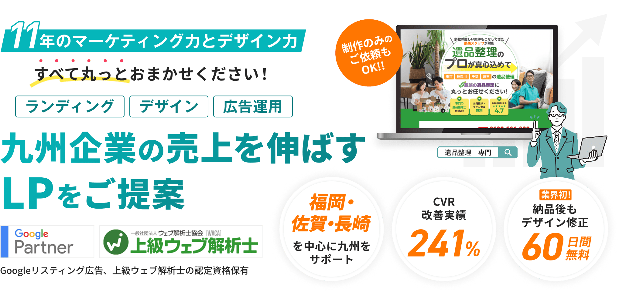 売り上げ・利益に繋がるLPをご提案。デザイン、広告運用までお任せください